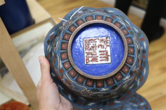 A Chinese blue ground cloisonne bowl with petal rim and a similar footed bowl, W 33cm